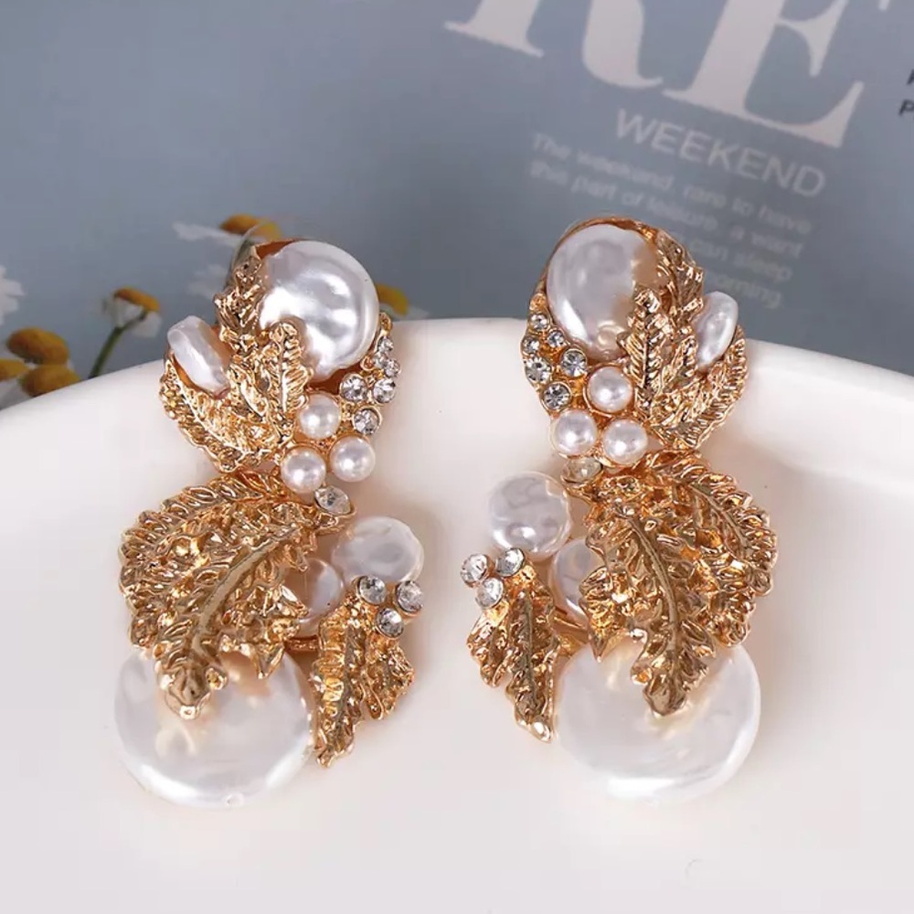 Zara Gold Rhinestone Pearl Earrings - Picture 7 of 8